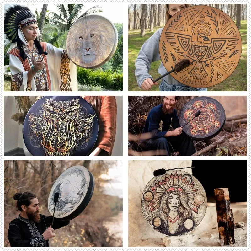 25CM Shaman Drum Tree of Life Decoration Design Handmade Shamanic Drum Siberian Spirit Music with Drumstick Drums Home Ornament