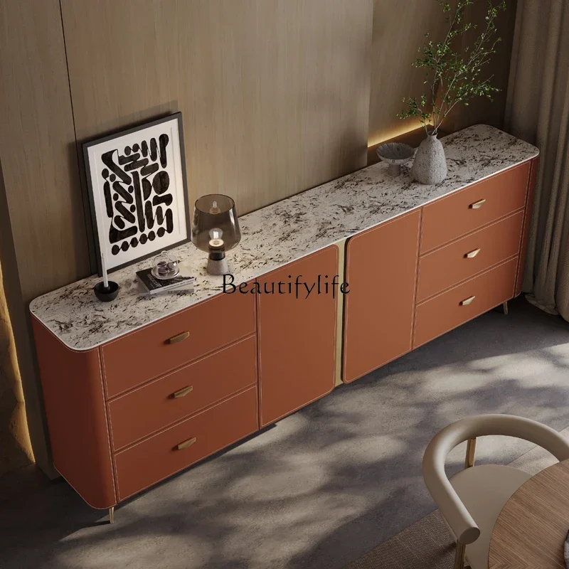 Saddle leather dining side cabinet fashion rock slab simple household rock slab large capacity Italian light luxury locker