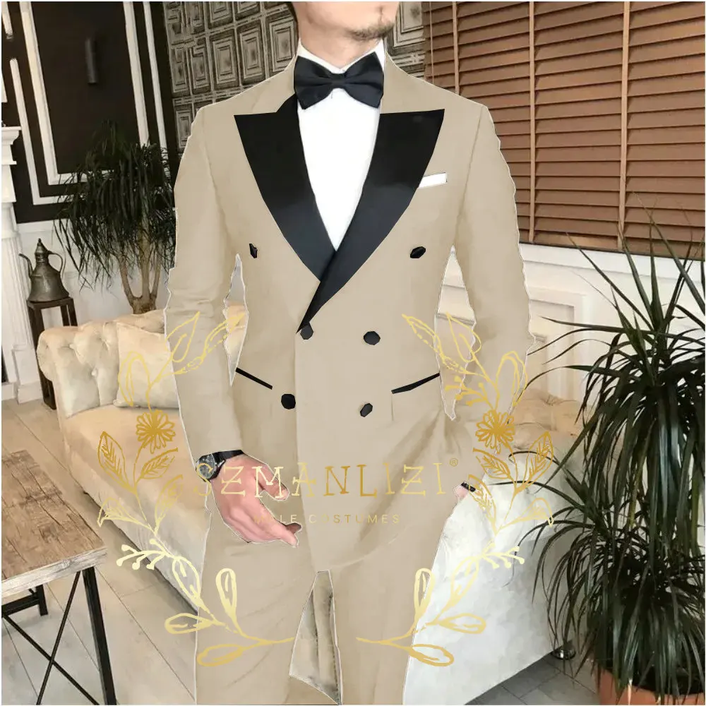 Double Breasted Slim Fit 2 Piece Wedding Men Suits Groom Tuxedos Formal Suits for Prom Party Best Man Peaked Lapel Blazer Pants