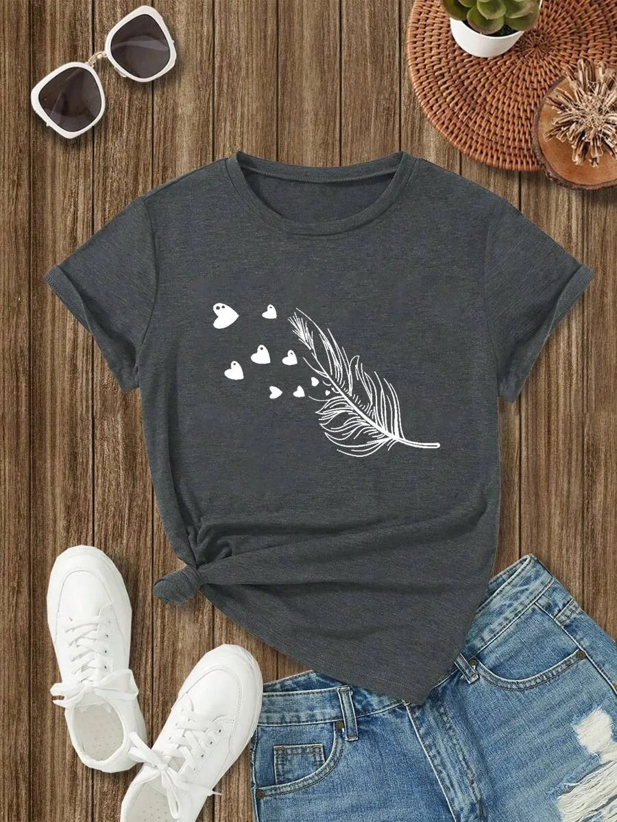 

Plus - Size Casual Nature - themed Tee, Dark Gray Short - Sleeve with Unique Print