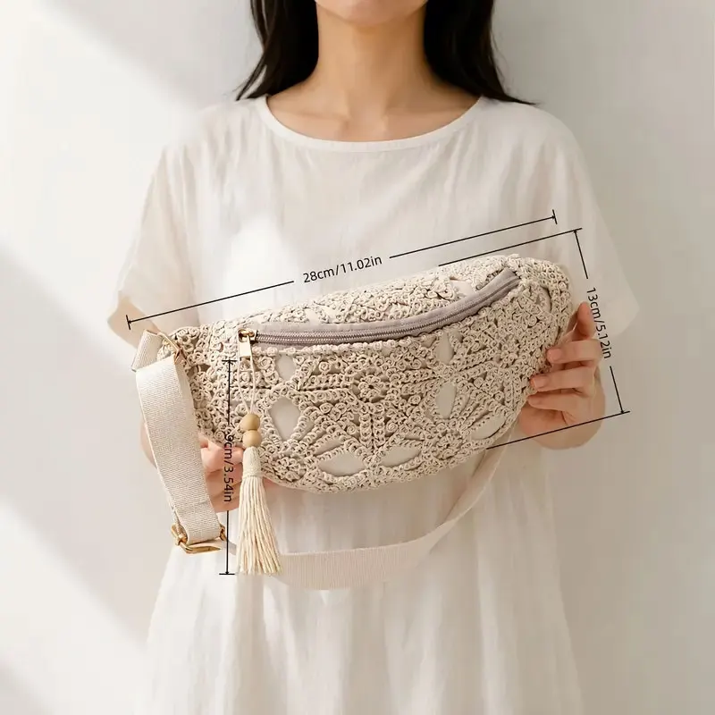 1 Stück Boho-Stil Spitzen-Gürteltasche und 1 Stück Quastenanhänger, Gehäkelte Gürteltasche, Boho Crossbody-Gürteltasche, Beige Spitzen-Umhängetasche für Damen, Musikfestival-Spitzen-Gürteltasche – Detail 2