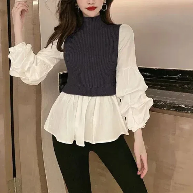 2024 Women\'s Spring Autumn New Splicing Slim Knitted Half High Collar Lantern Sleeve Folds Fashion Solid Casual Long Sleeve Tops