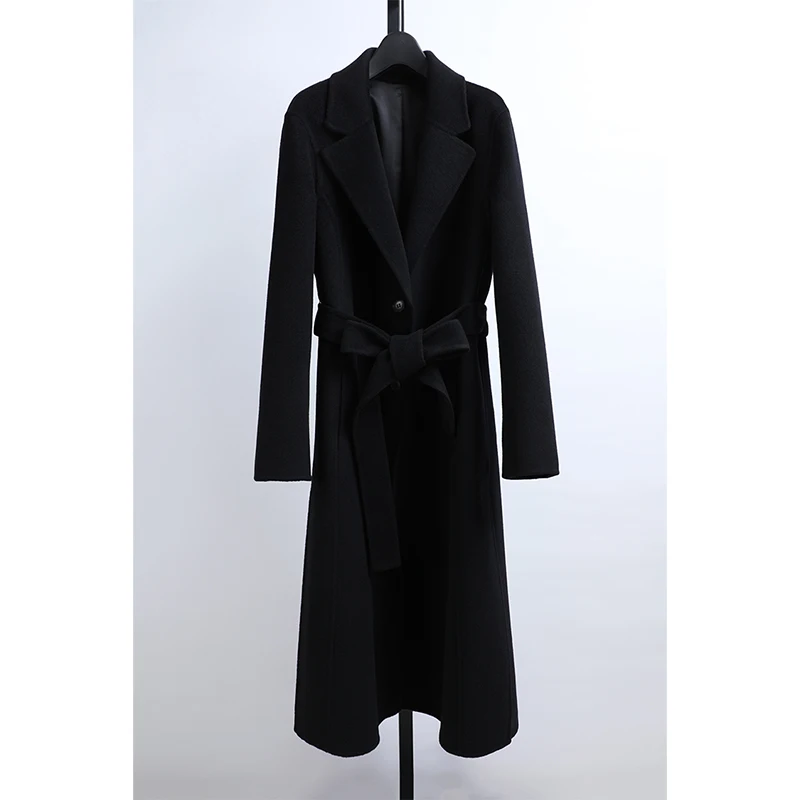 

Double-Faced Camere Long Coat with Belt Hand-Stitched Awei Autumn Winter Women's Faion Commute Straight-Line Coat