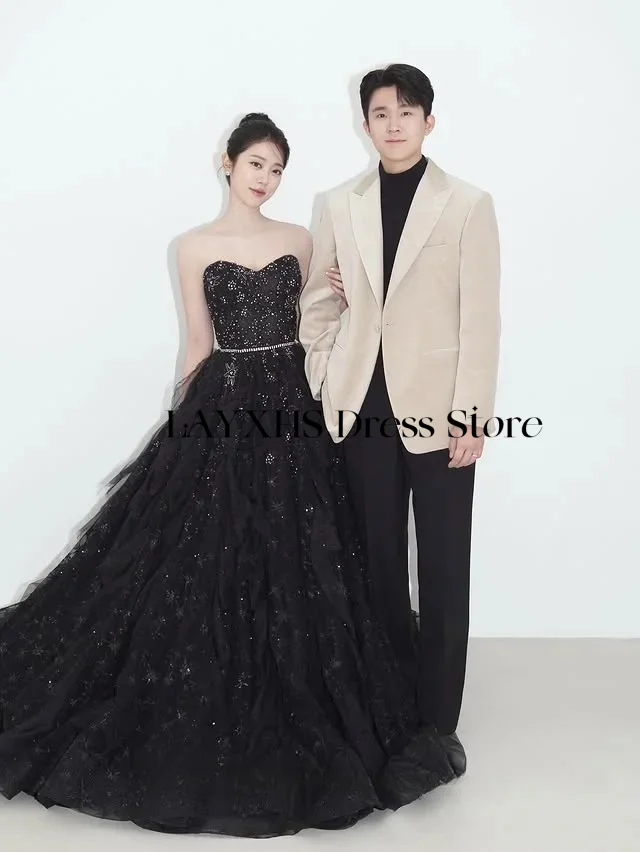 Perles noires Tulle robes de soirée de mariage une ligne corée séance Photo robe de bal paillettes robe de soirée scintillante personnalisée ̄tzotzo