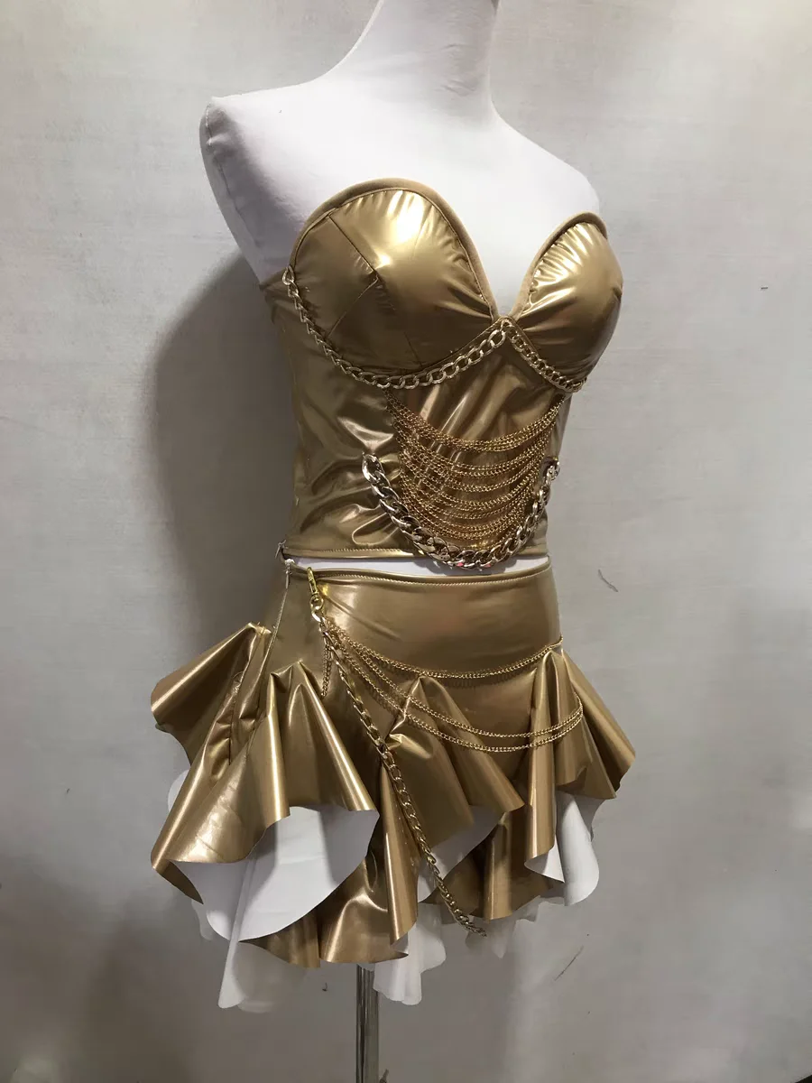 새로운 나이트 클럽 바 여성 가수 선도 댄스 무대 공연 의류 섹시한 라이트 골드 특허 가죽 분할 2 피스 양복