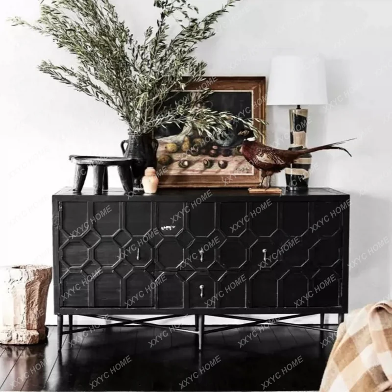 Rural retro old dining side cabinet solid wood black art simple engraving storage cabinet