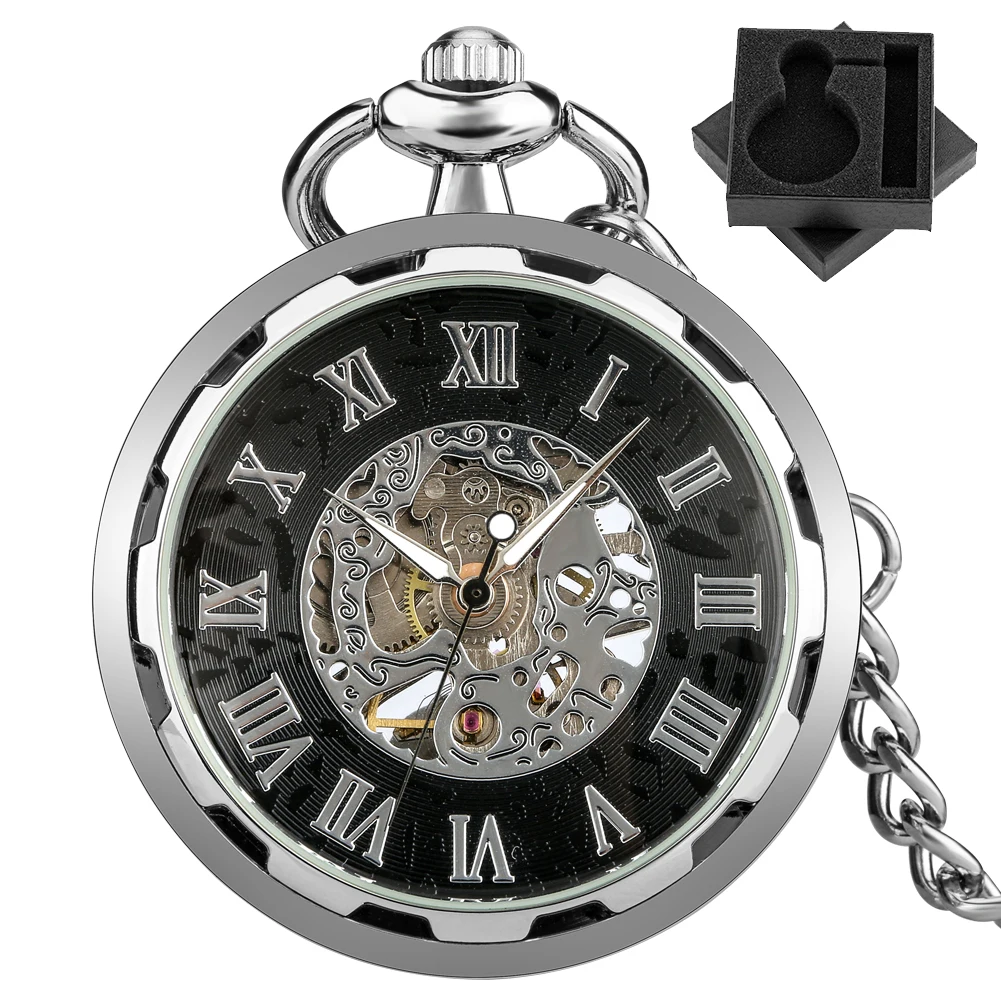Open Face Hollow Silver Mechanical Hand Winding Pocket Watch Roman Numerals Black Dial Chain Pendant Clock Antique Style Gift