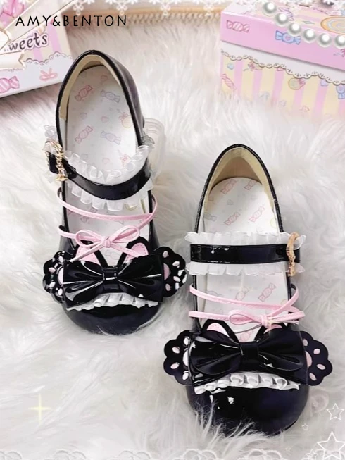 

Sweetheart Girl Original Lolita Cat Paw Print Bow Round Toe High Heel Pu Leather Women's Single Shoes Kawaii Mary Jane Shoes
