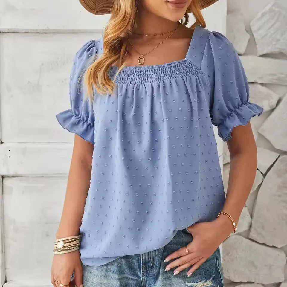 

2025 New Jacquard Chiffon Shirt Women Sexy One Collar Seaside Vacation Casual Blouse Elegant Lady Solid Color Short Sleeve Tops