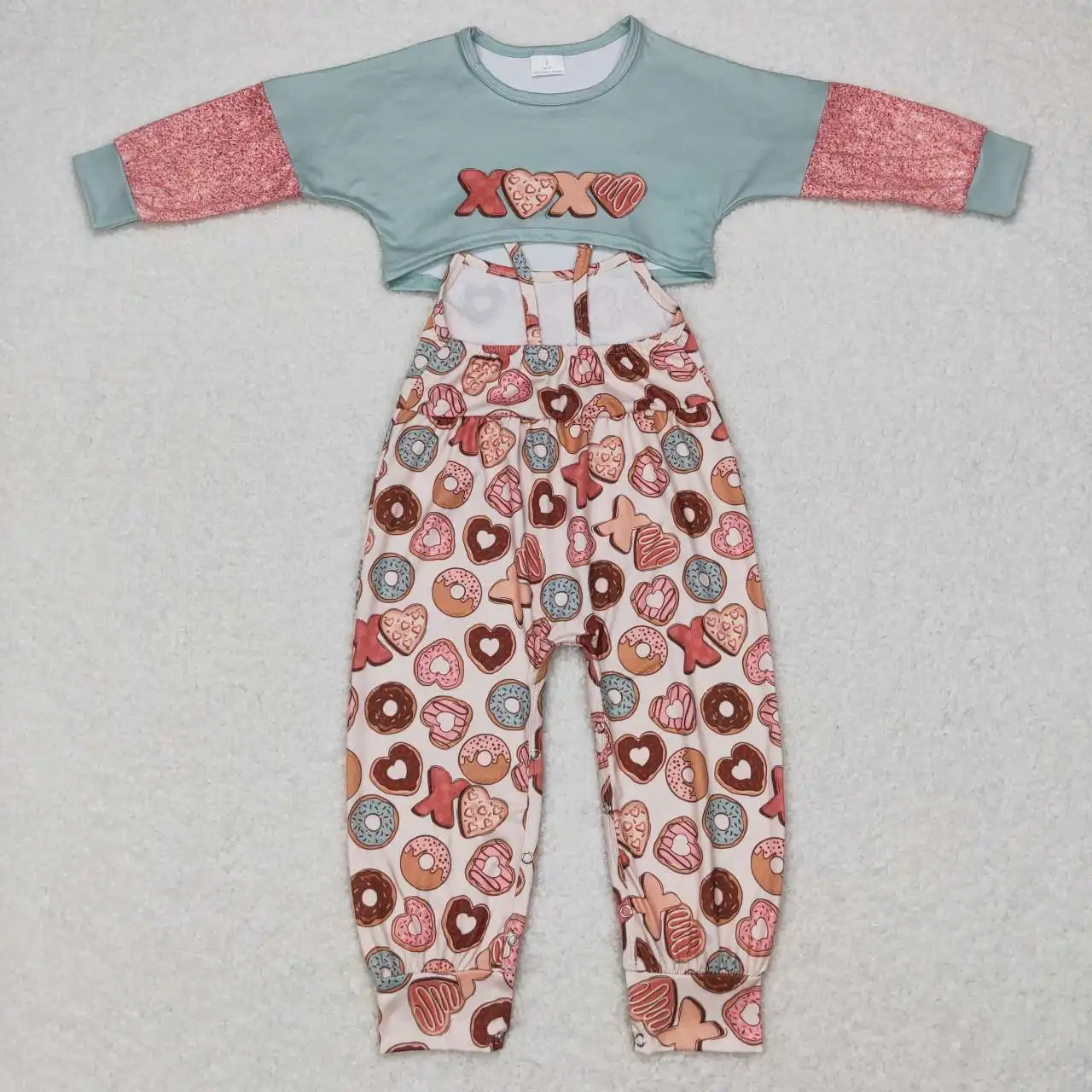 New Arrival Children's Suit Girls Letter Donut Pink Long Sleeve Suspender Jumpsuit Pants Suit