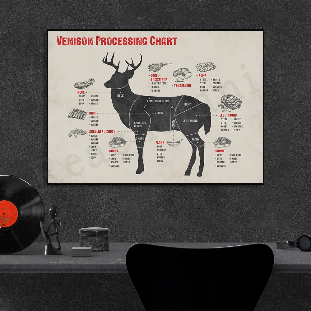 Venison Deer Butcher Graphics Laminate Prints, Slaughterhouse Posters, Cutting Guides, Kitchen Decor Posters