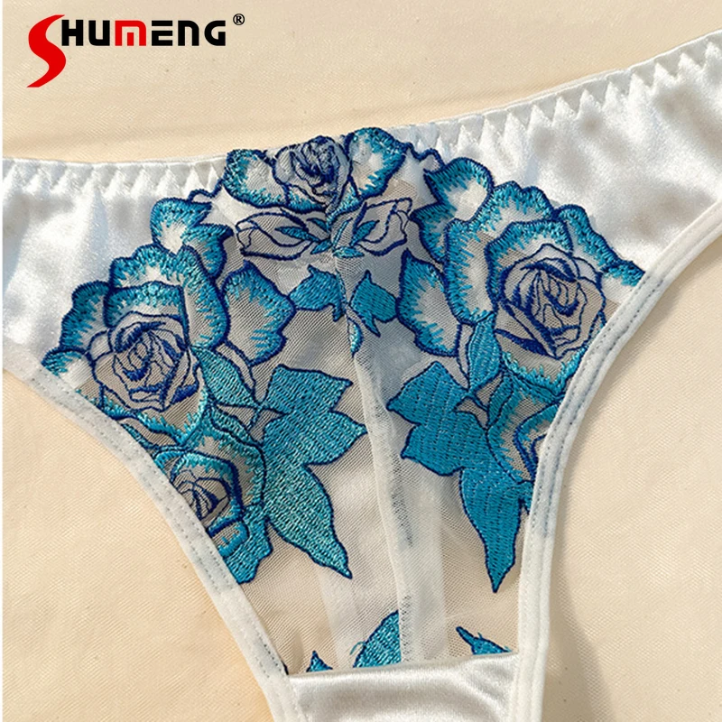 French Sexy Lingerie Outfits for Women Pure Embroidered Blue Floral Bra Set Female Underwire Push Up Ultra Thin Brief Suits