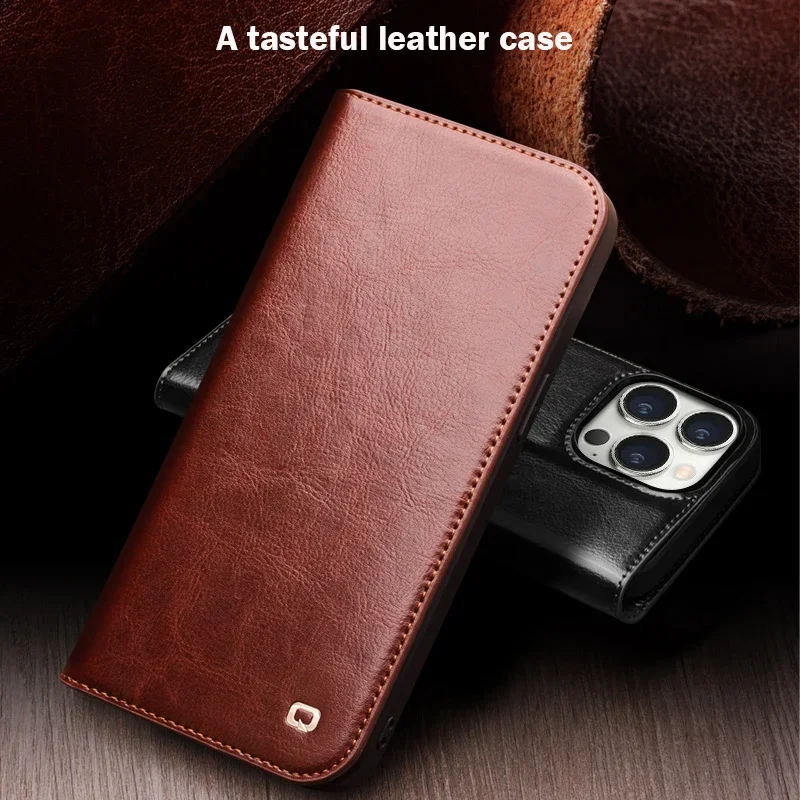 QIALINO Genuine Leather Flip Case for iPhone 15 Plus Handmade Fashion Business Cover with Card Slots for iPhone 15 Pro Max/15