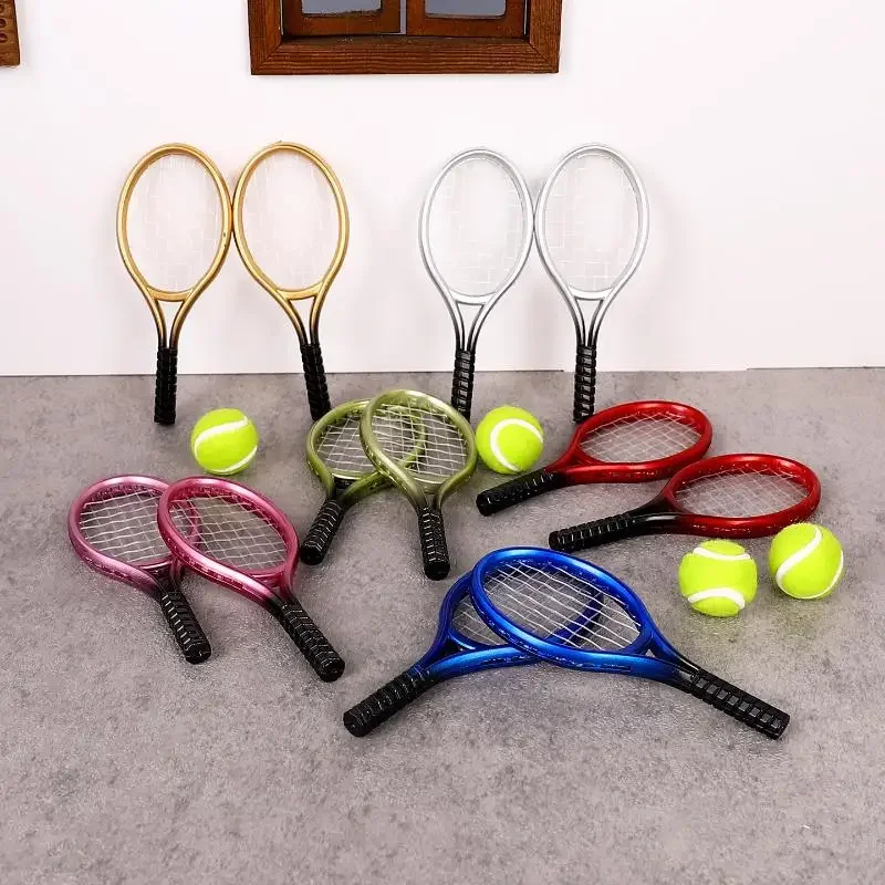 

4Pcs Small Cloth Doll Miniature Sports Scene Sports Goods Dollhouse Mini Tennis Racquet Set Outdoor Decor Model Accessories