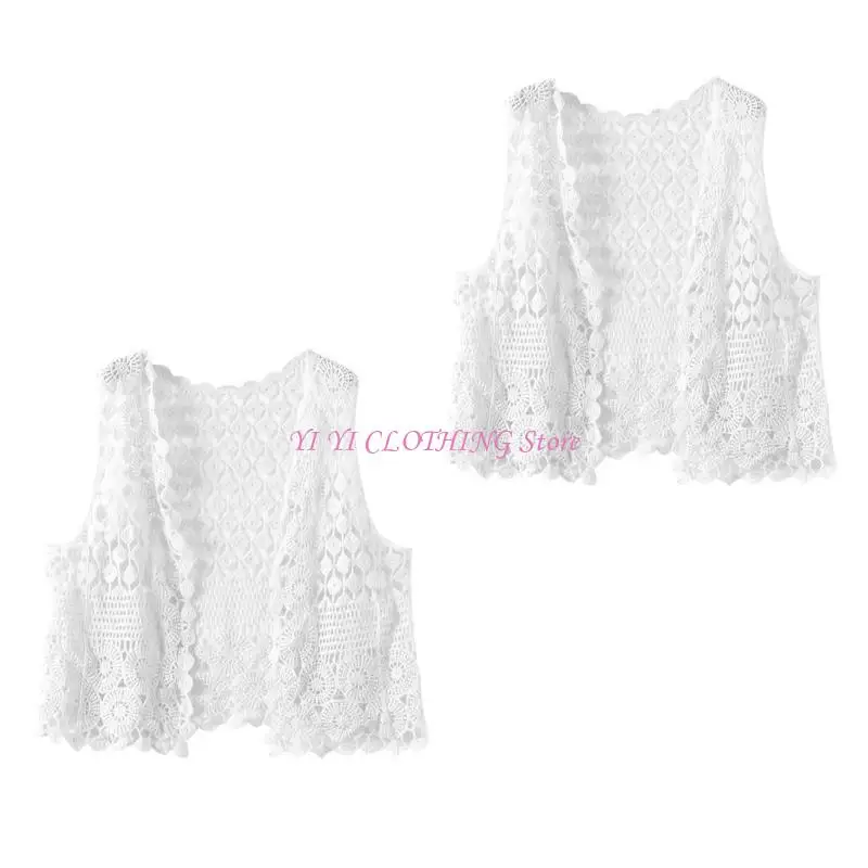Women Sleeveless Crochet Crop Cardigan Top Ethnic Hollowout Knit Geometric Pattern Open Front Sweater Vest Waistcoat