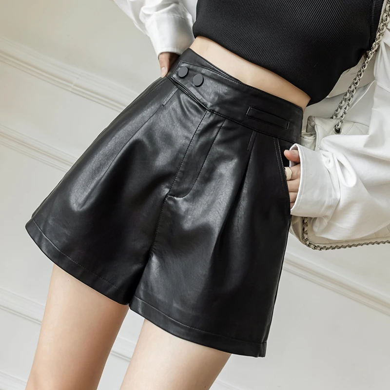 

Black PU Leather Shorts Women 2024 New Autumn Winter High Waist Faux Leather Shorts Ladies Casual A-line Wide Leg Boots Shorts