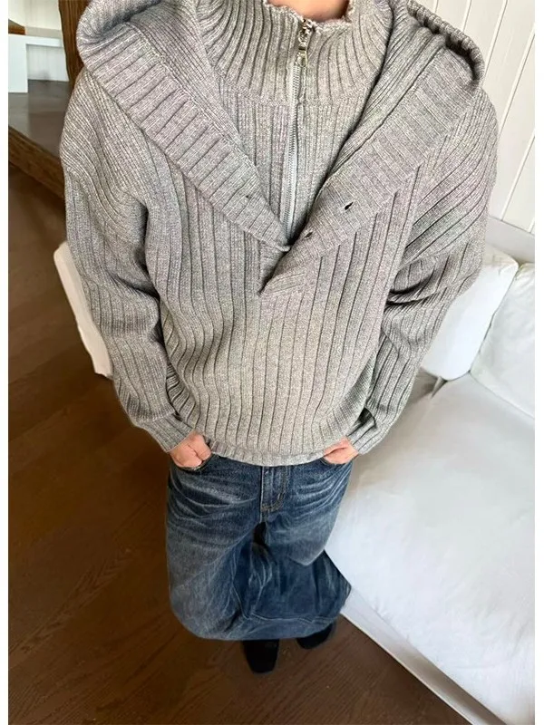 

Warm Thiened Hooded Stand Collar Knitted Sweater for Men Cleanfit Faion Outerwear Autumn Winter Youth Loose Fit Zipper