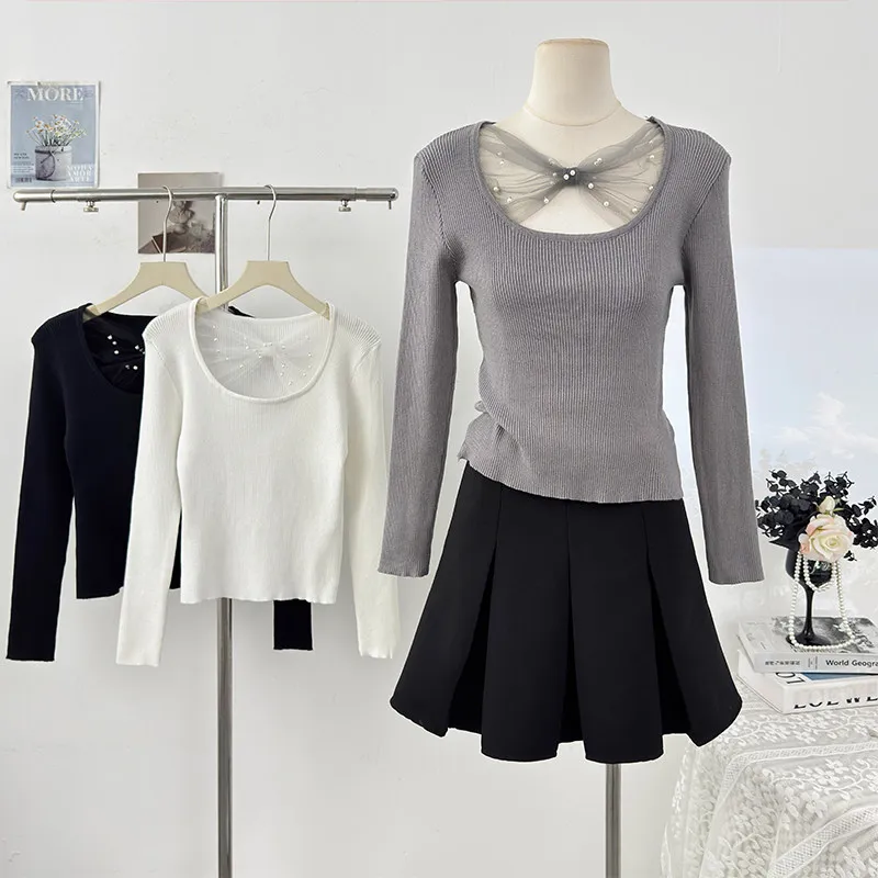 

Женский трикотажный свитер в французском стиле с сетчатыми вставками и бантом, весна 2026, элегантный модный тонкий топ с длинным рукавом, облегающий, универсальный, трендовый