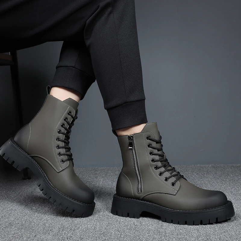 

England style mens boots black grey autumn winter shoes cowboy genuine leather platform boot handsome high motorcycle botas male