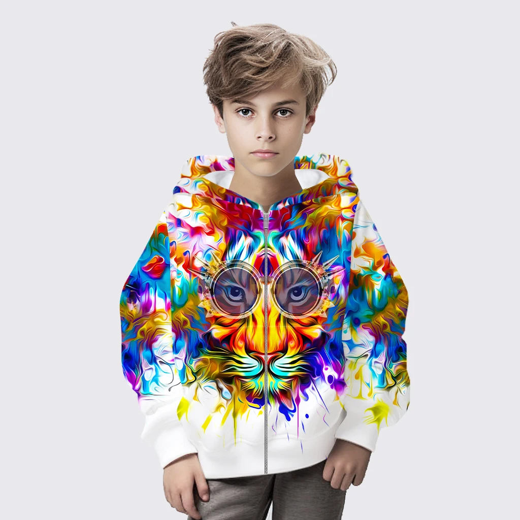 

2024 New jacket children's hoodie fashion trend zipper hoodie digital print wearing glasses tiger pattern