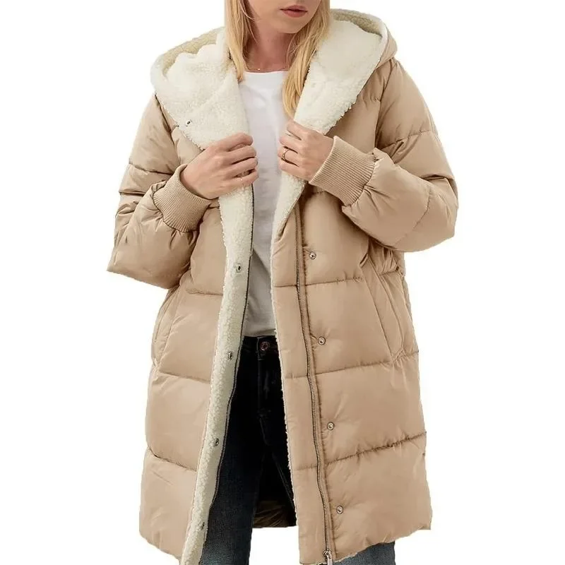 Dames Winter Effen Kleur Capuchon Katoenen Jas Met Lange Mouwen Dubbelzijdige Fluwelen Slim Fit Vest Top Parka