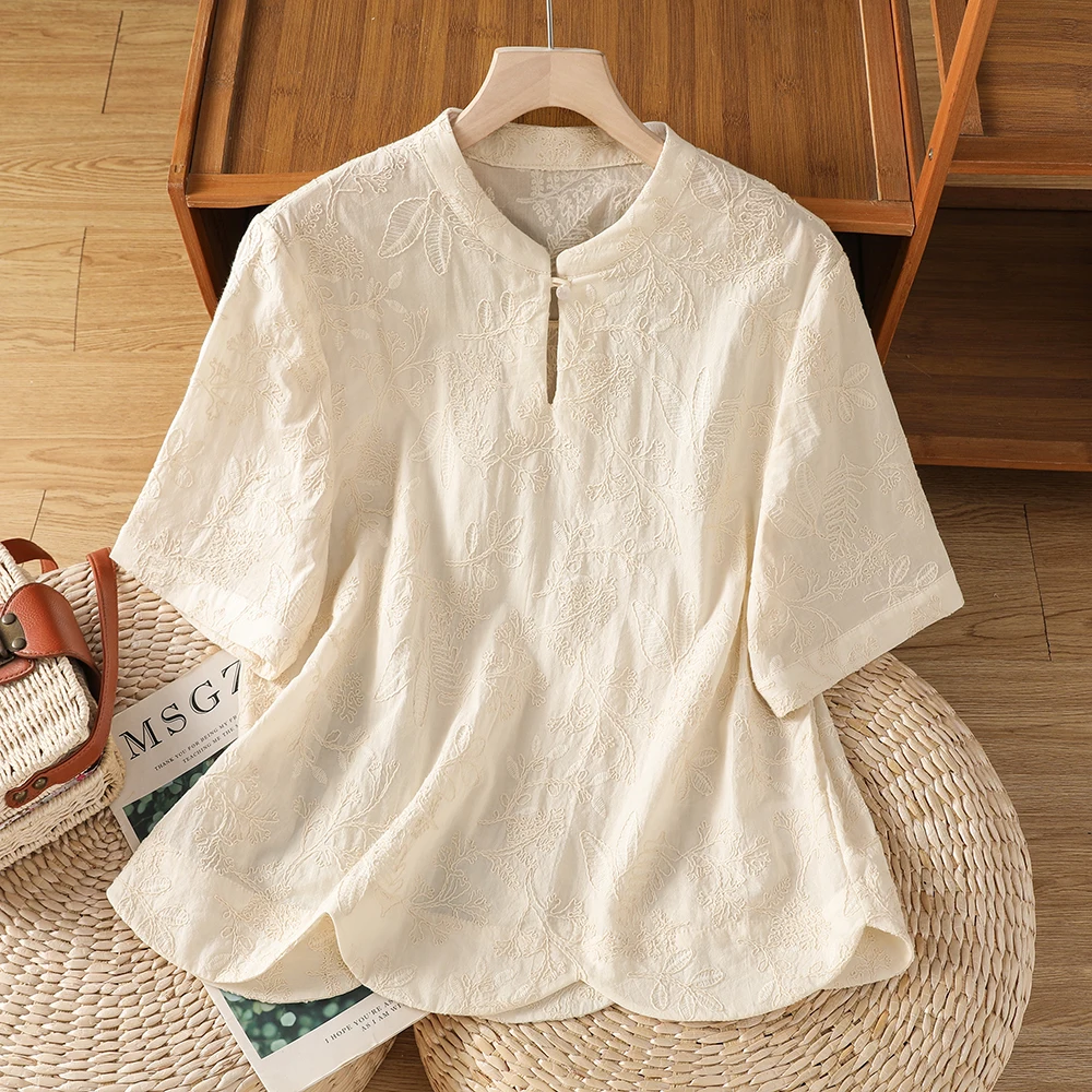 

High-End plus Size Women's Summer New Chinese Style T-Shirt Stand Collar Embroidery Short Sleeve Base Shirt Comfortable Fit
