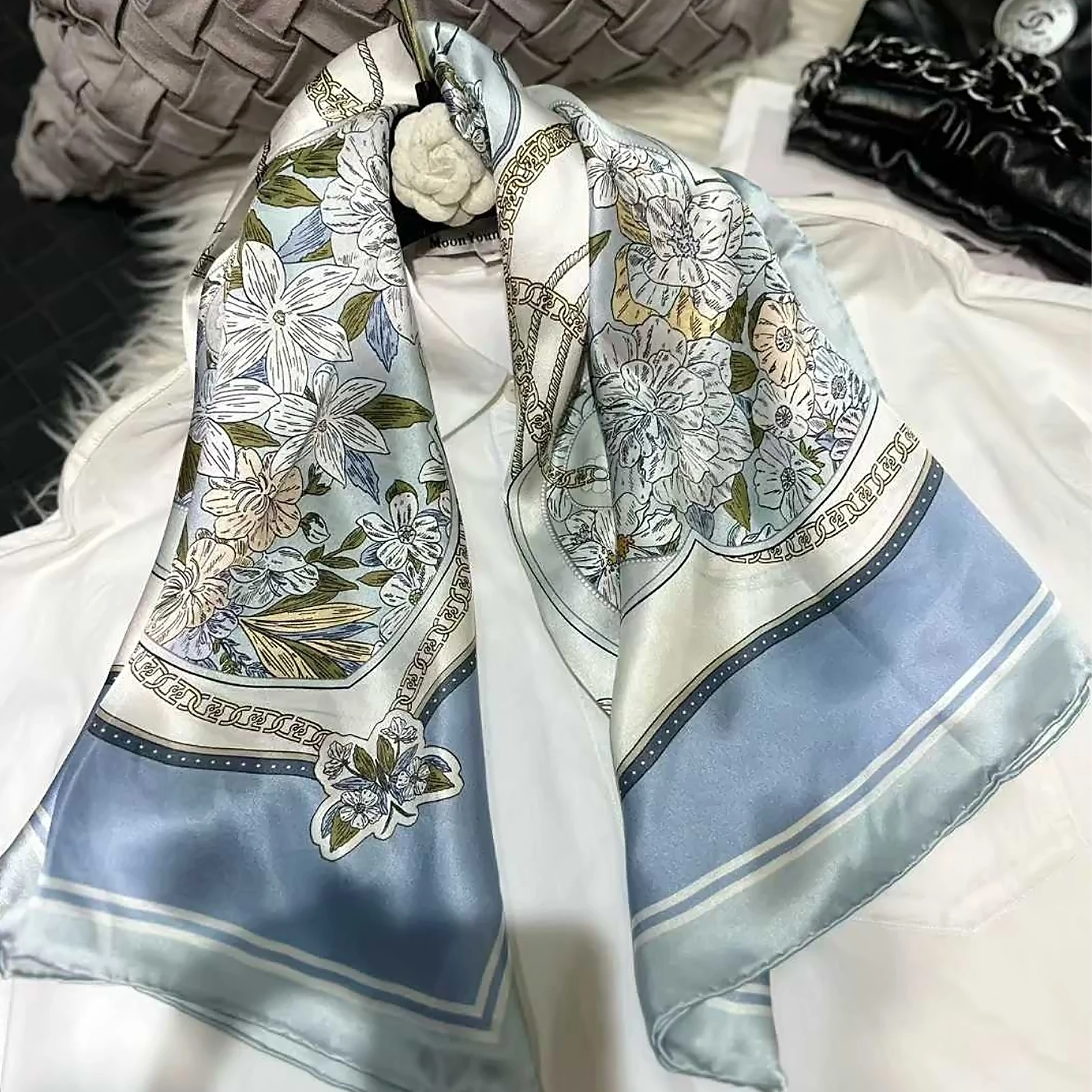 

Осенние синие, белые квадратные шарфы из 100% тутового шелка, женские роскошные шарфы из чистого шелка с цветочным принтом, шаль 90*90 см, шарф на голову и шею