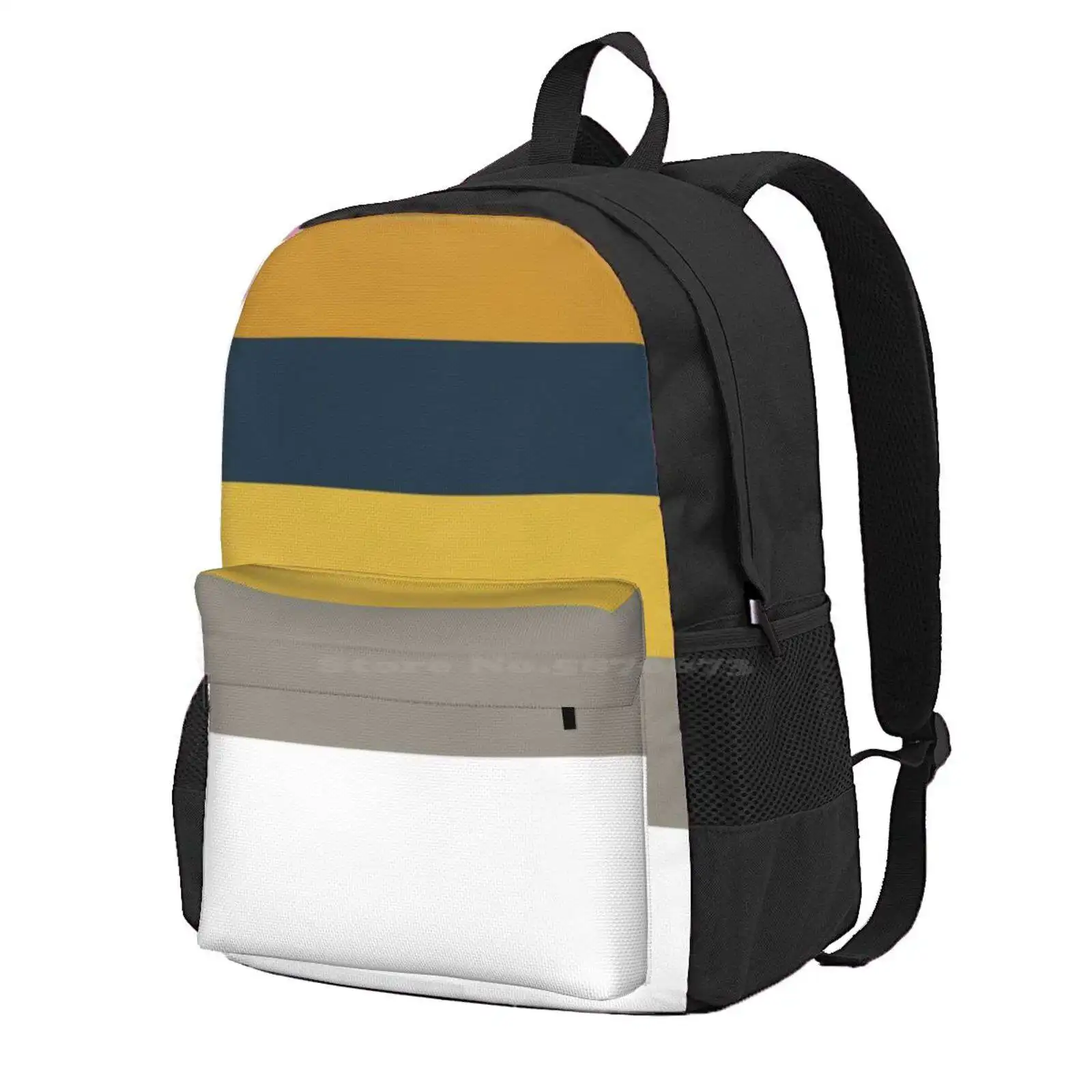 Broad Stripes Pattern In Light And Dark Mustard Yellow, Grey, White, And Navy Blue Hot Sale Schoolbag Backpack Fashion Bags