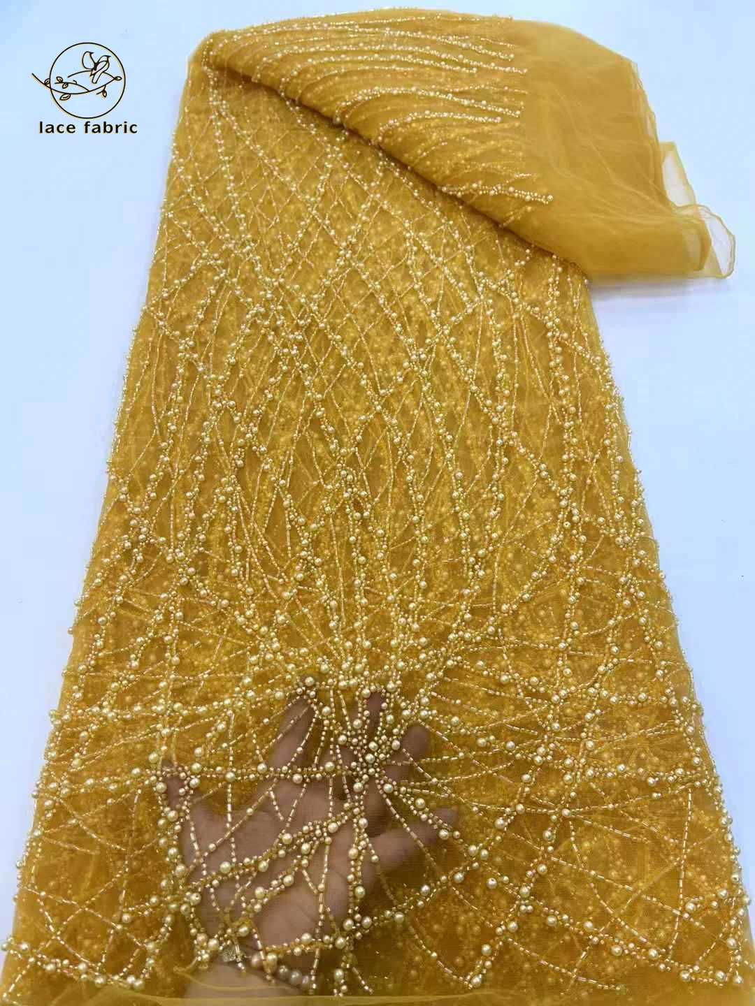 

Gold African Tulle Lace Fabric 2025 French Net Sequins Fabric Sewing Embroidery With Beads Lace Tulle Mesh Nigeria Dress 5 Yards