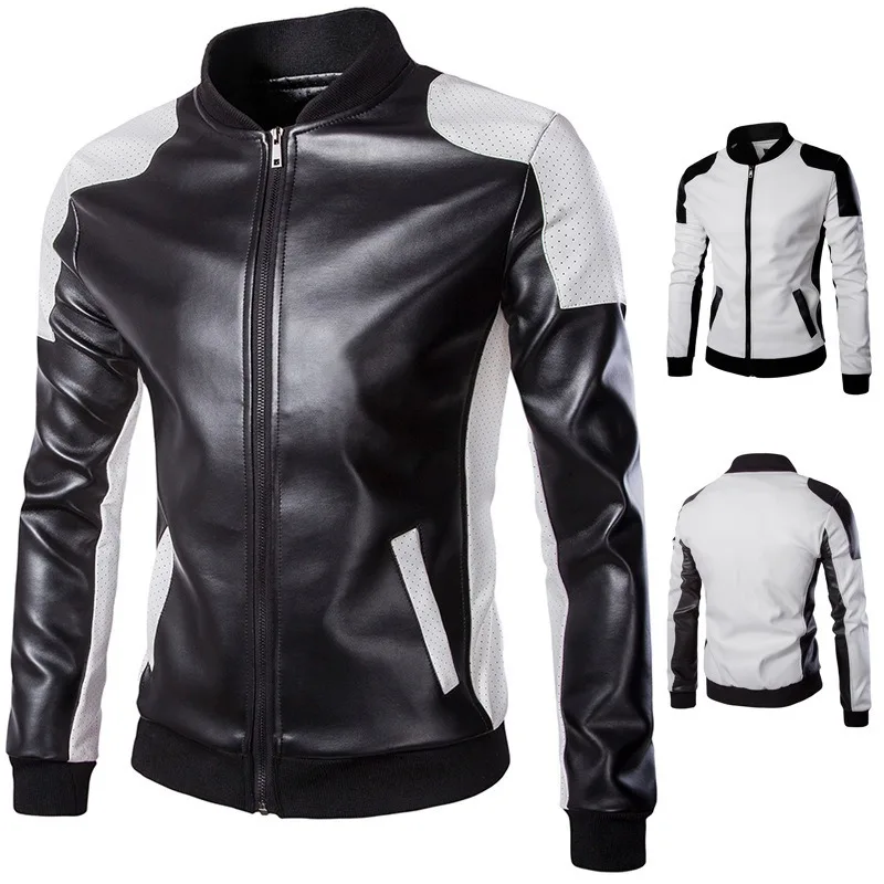 2024 New Men Stand Collar Coat Black White Color Matching Casual Leather Jacket Fashion Racing Clothing PU Leather Jacket 5XL-M