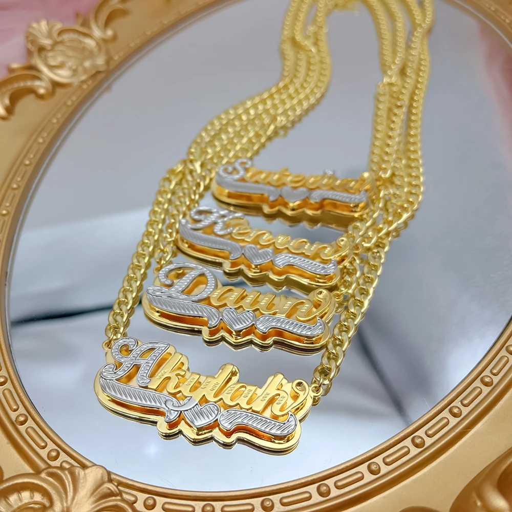 

Customized Double Name Necklace 18K Gold plated Nameplate 3D Necklace Personalized Choker Women Double layer Name Necklace Gifts