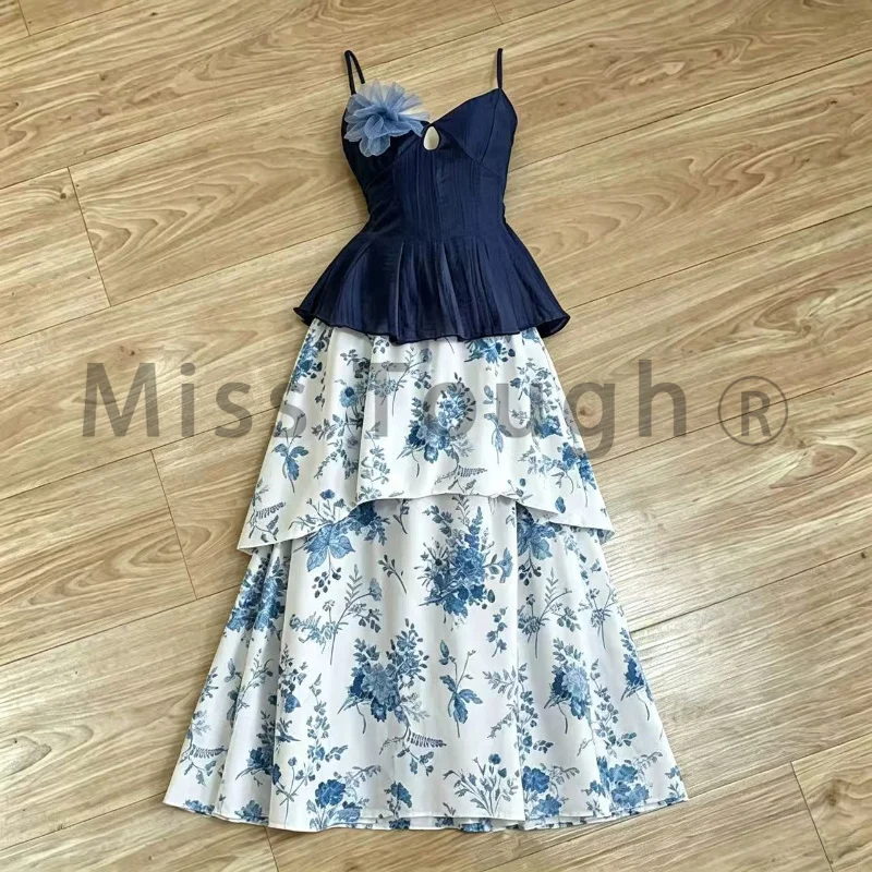 Sommerliches, lässiges, elegantes 2-teiliges Set für Damen: V-Ausschnitt-Oberteil in Uni-Farbe + bedruckter Midirock mit hoher Taille, weibliche Retro-Reise-Chic-Outfits