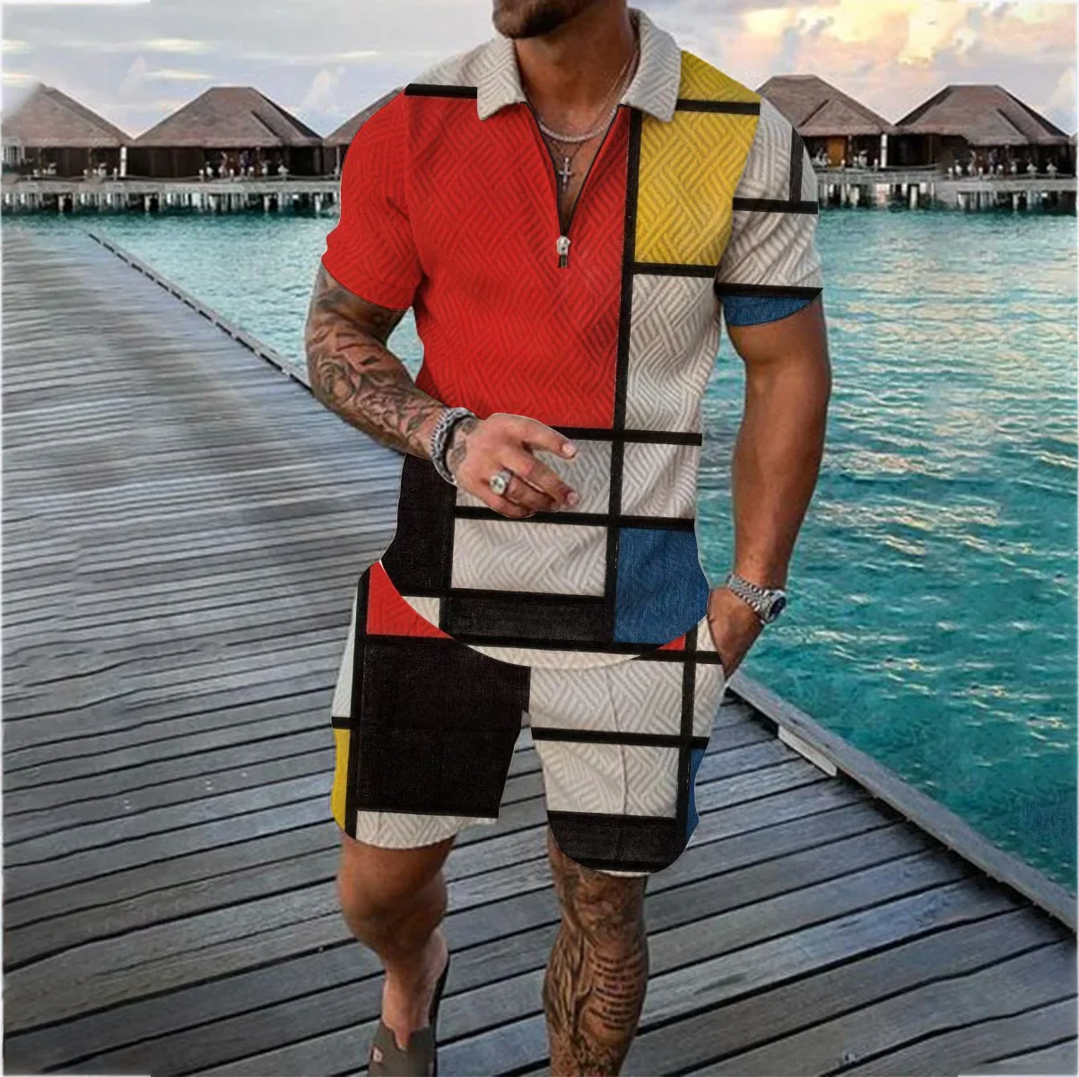 Ensemble Polo et Short de sport pour hommes, motif Patchwork, manches courtes, élégant, fermeture éclair, décontracté, Streetwear, 2 pièces, été