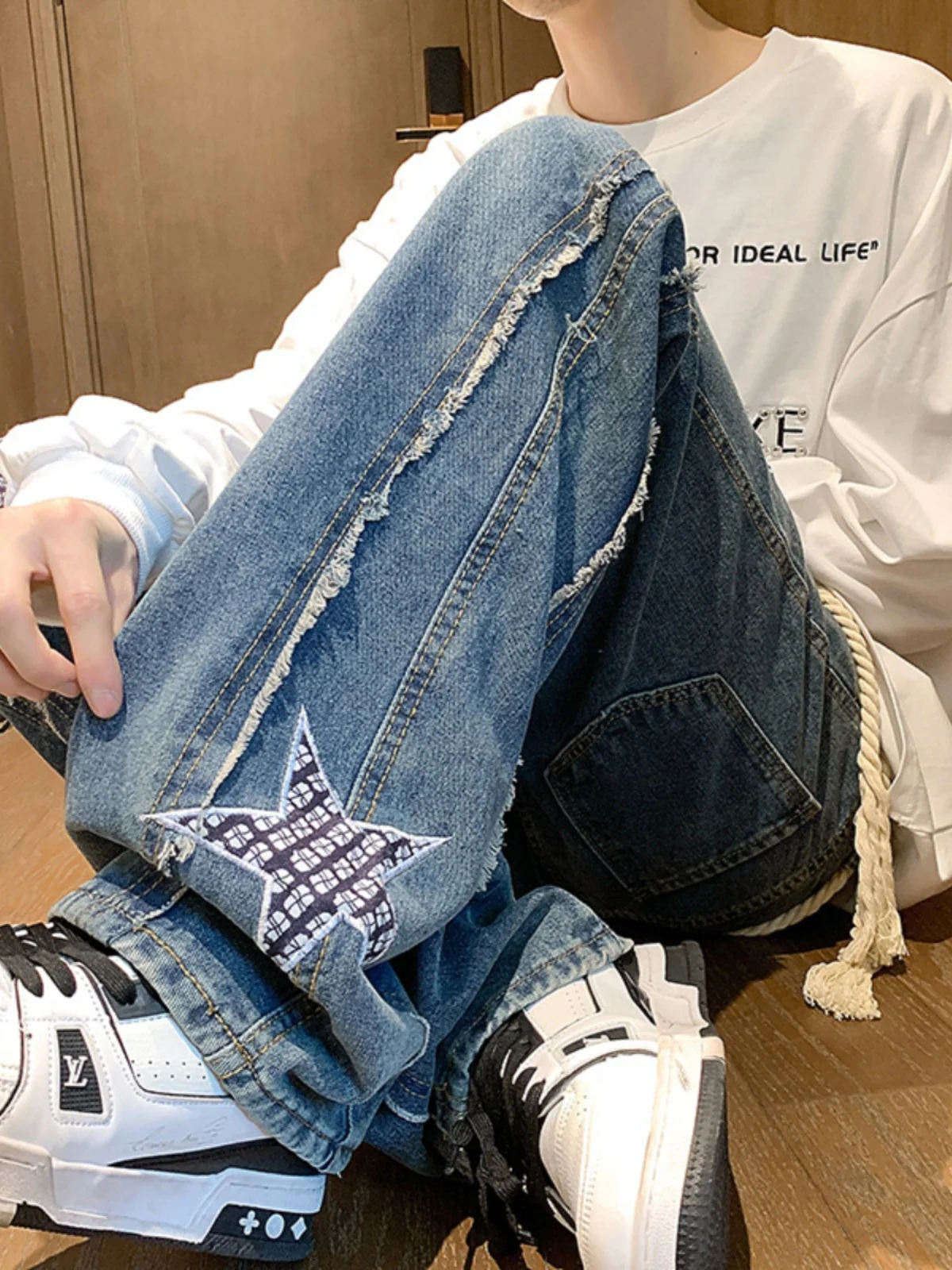 

American High Street Men's Oversize Jeans Spring Autumn Trendy Star Embroidery Frayed Pants Loose Wide Leg Long Trousers