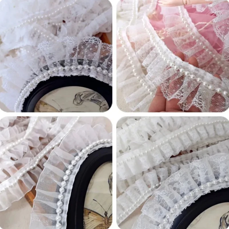 Luxuriöse cremefarbene 3D-Spitzen-Brautapplikation aus Tüll, glitzernde Perlen, Rüschenbesatz, Hochzeitskleid, Kleidungsnähen, Guipure-Zubehör