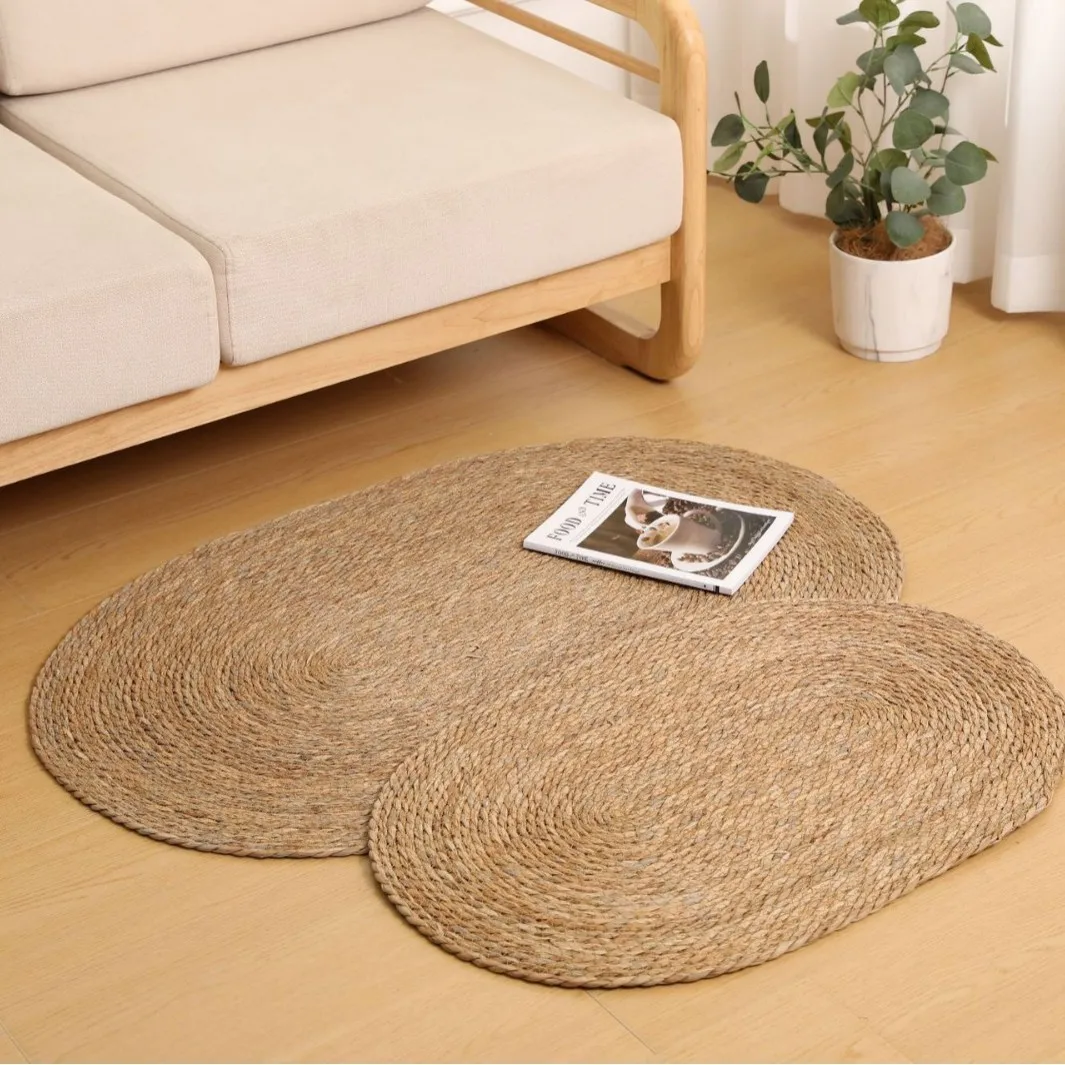 Natural Straw Woven Rug Wood-Tone Striped Or Solid Handcrafted Tatami Mat In Multiple Sizes Bedroom Bedside Living Room Balcony