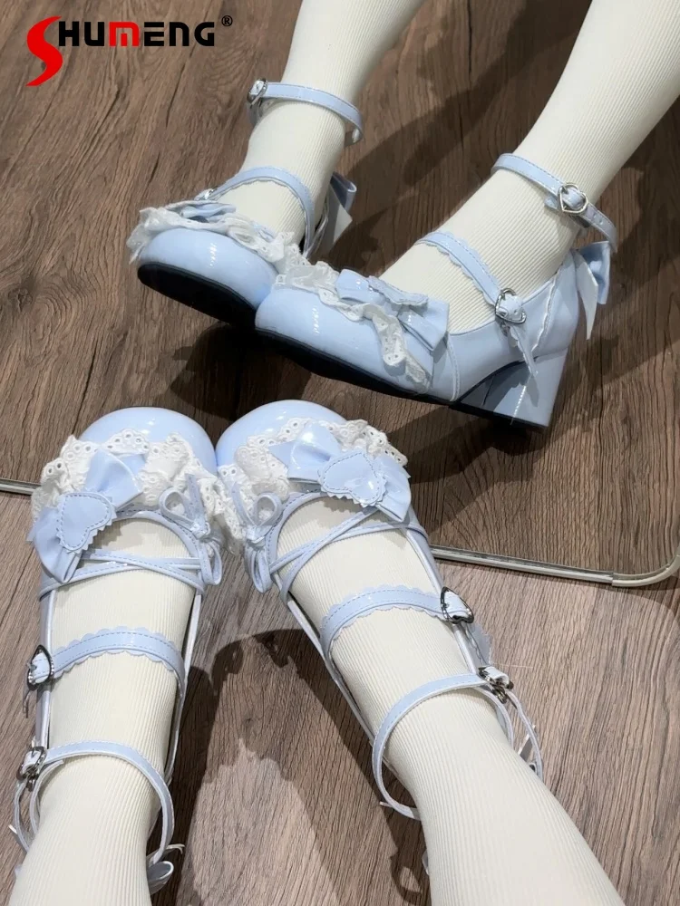 

Original Japanese Style Sweet Cute Lolita Shoes Round Toe Lace Heart Bow Kawaii Mary Jane Shoes Women Medium Heels Pumps Summer