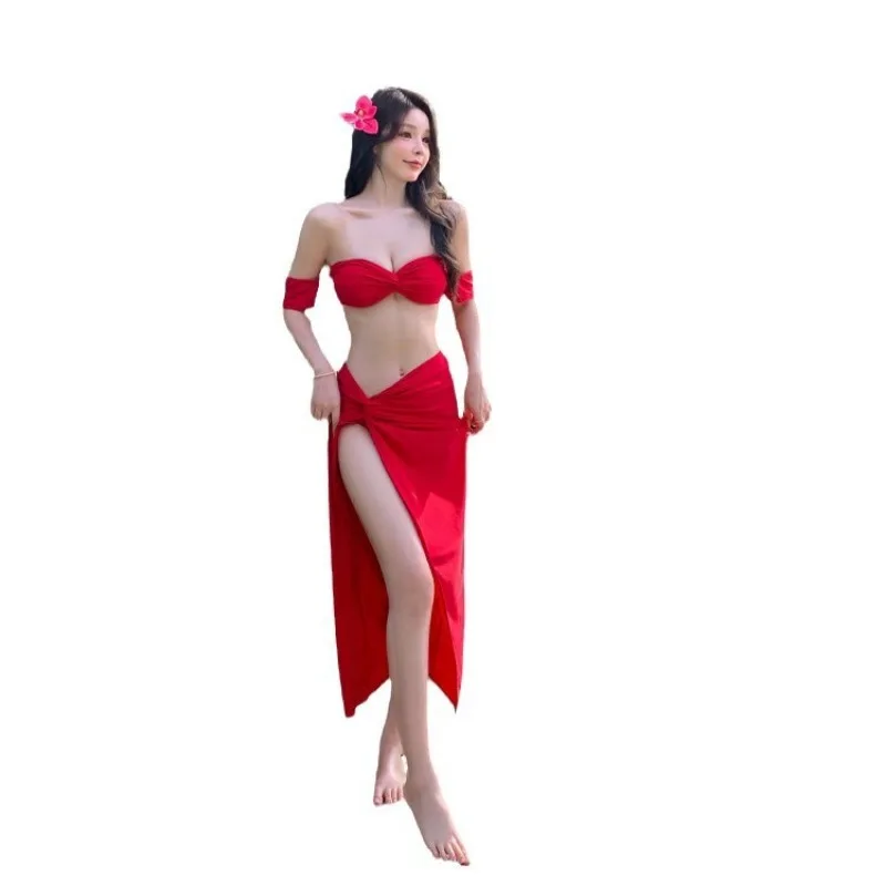 New Retro 3 Pieces Push Up Bandeau Bikini Set Swimsuit Women Red Swimwear with Sarong Skirts Dress Beach Wear Korea Bathing Suit