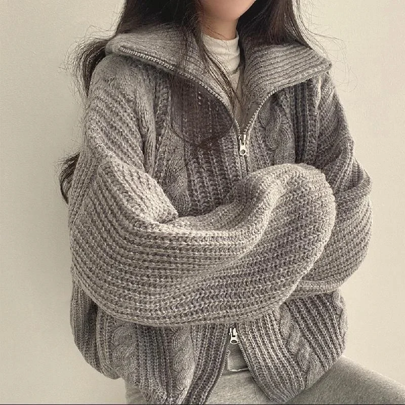 Knitted Sweater Korea Chic Spring Autumn Lazy Wind Loose Double Head Zipper Wool Neck Sweater Long Sleeve Cardigan Knitted Coat