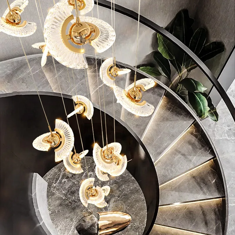 Modern LED Minimalist Chandelier Hanging Double Attic Pendent Lamp Villa Luxurious Stairs Pendant Light Living Room Ceiling Lamp