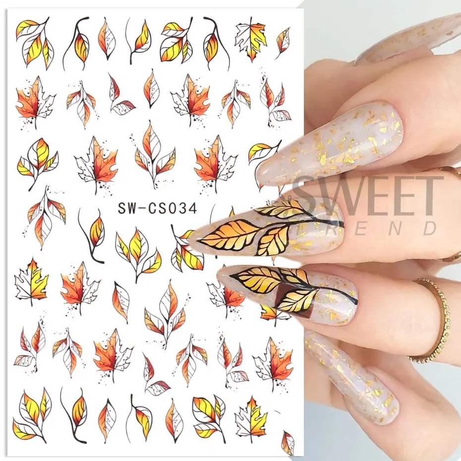 3D Fall Maple Leaf Nail Stickers Autumn Yellow Black Hollow Leaves Plant Self-Adhesive Gel Polish Foils Slider Nail Decoration