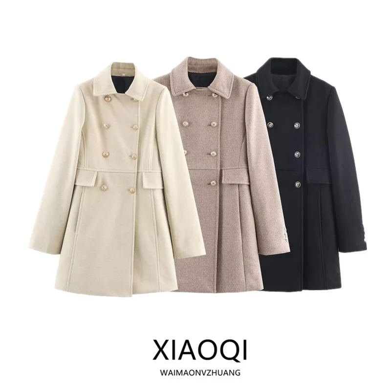 

Осень 2023, женское модное универсальное двубортное пальто из смешанного волокна, тюнер, Новое поступление, универсальная верхняя одежда Ele