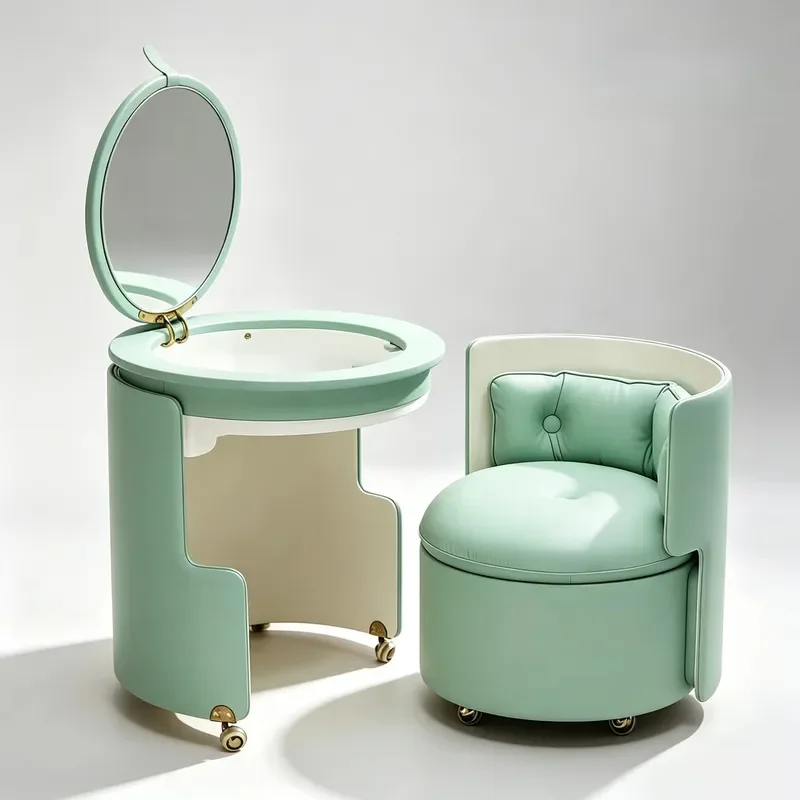 Modern Light Folding PU Leather Dressing Table With Round Mirror Space Saving Makeup Vanity for Hotel Bedroom