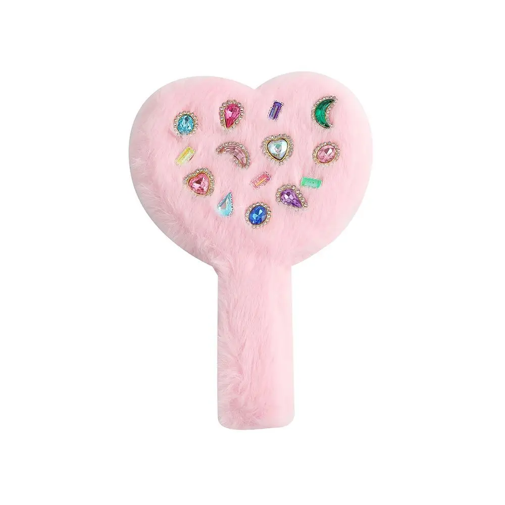 Korean Portable Love Hand Mirror Cute Plush Handle Cosmetic Mirror Compact Heart-shaped Makeup Tool Women