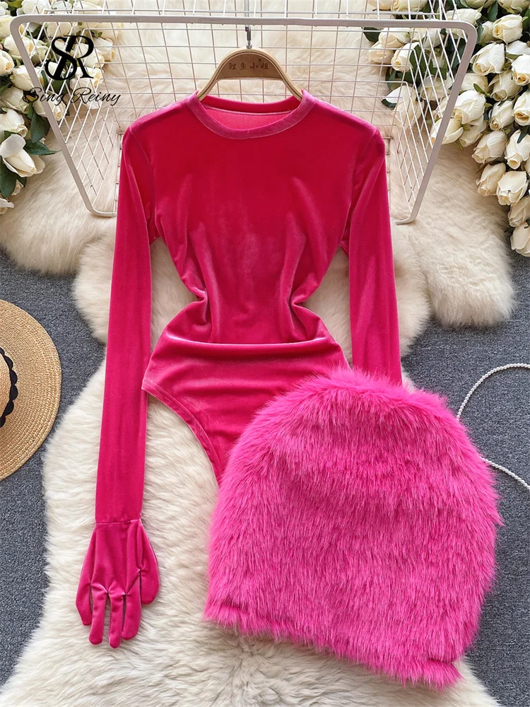 SINGREINY 2023 Autumn Long Sleeves Bodysuits 2023 Women O Neck Open Crotch Velvet Slim Playsuits+Plush Sexy Mini Skirt Suits