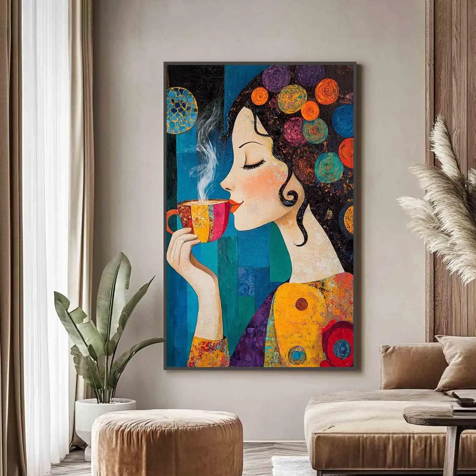 

Mhemyo Original Abstract Hand Painted Oil Painting on Canvas Whimsical Woman with Coffee Colorful Circles For Living Home Decor
