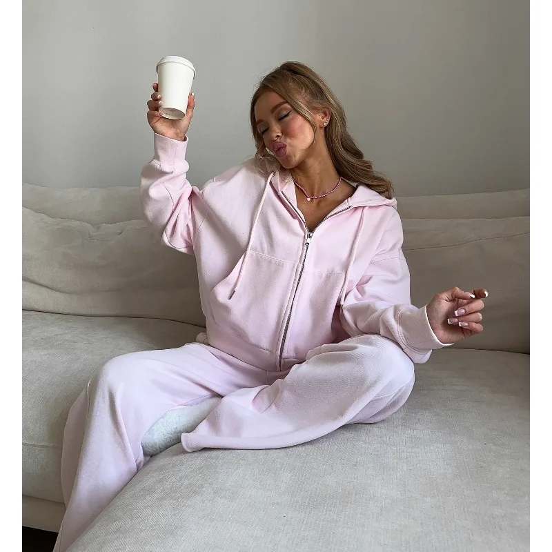 Autumn Women's Tracksuit with Zipper and Trousers  Casual Two Piece Set Women Casual Solid  Pant Sports Suit with A Hood