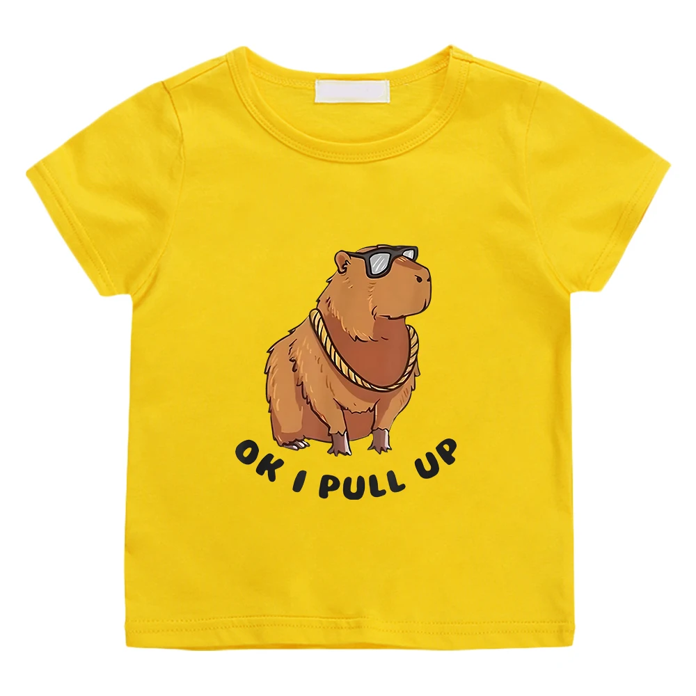 OK I PULL UP Capybara Cartoon Tee-shirt 100% Cotton Boys and Girls Summer Tshirts Kawaii Graphic Printing Soft T-shirt Children