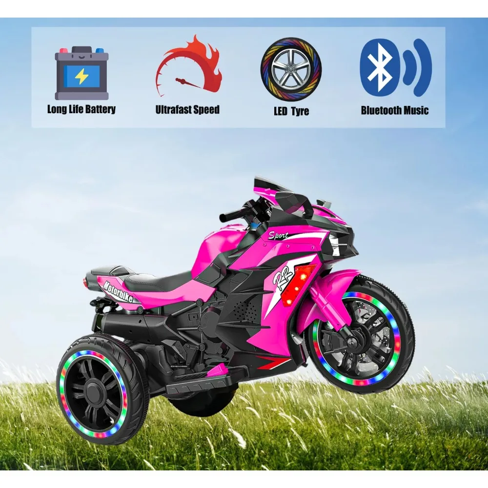 Pink Motorcycle for Girls, 12V Powered Ride on Motorcycle for Kids 2-6, Child Electric Dirt Bike with 3 Wheels, Bluetooth Music