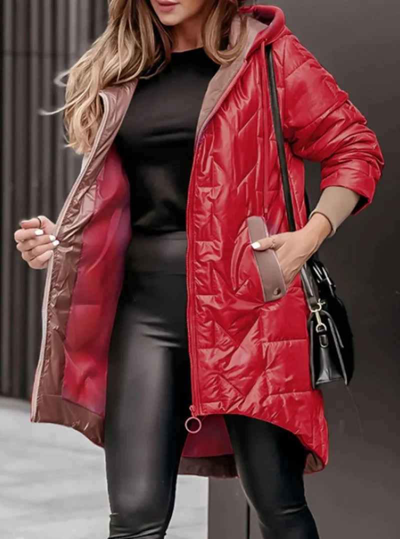 Winter Hooded Loose Solid Color Zipper Cotton Jacket Women Quilted Puffer Coat Fleece Lined Long Warm Irregular Hem Outerwear
